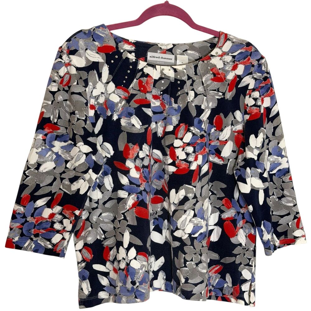 Alfred Dunner Petite Knit Blouse Top Shirt Pleat Stud Floral Navy PL